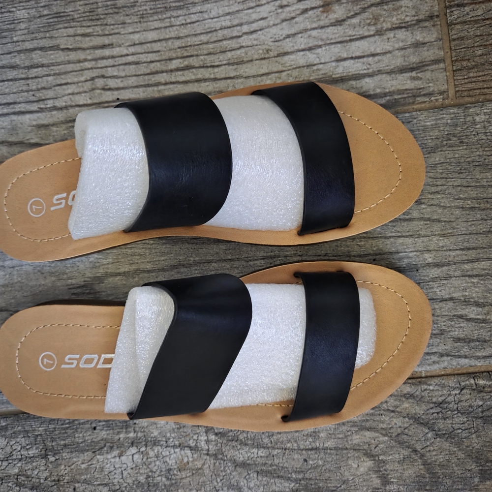 Soda Black and Tan Sandals Two-Strap Design